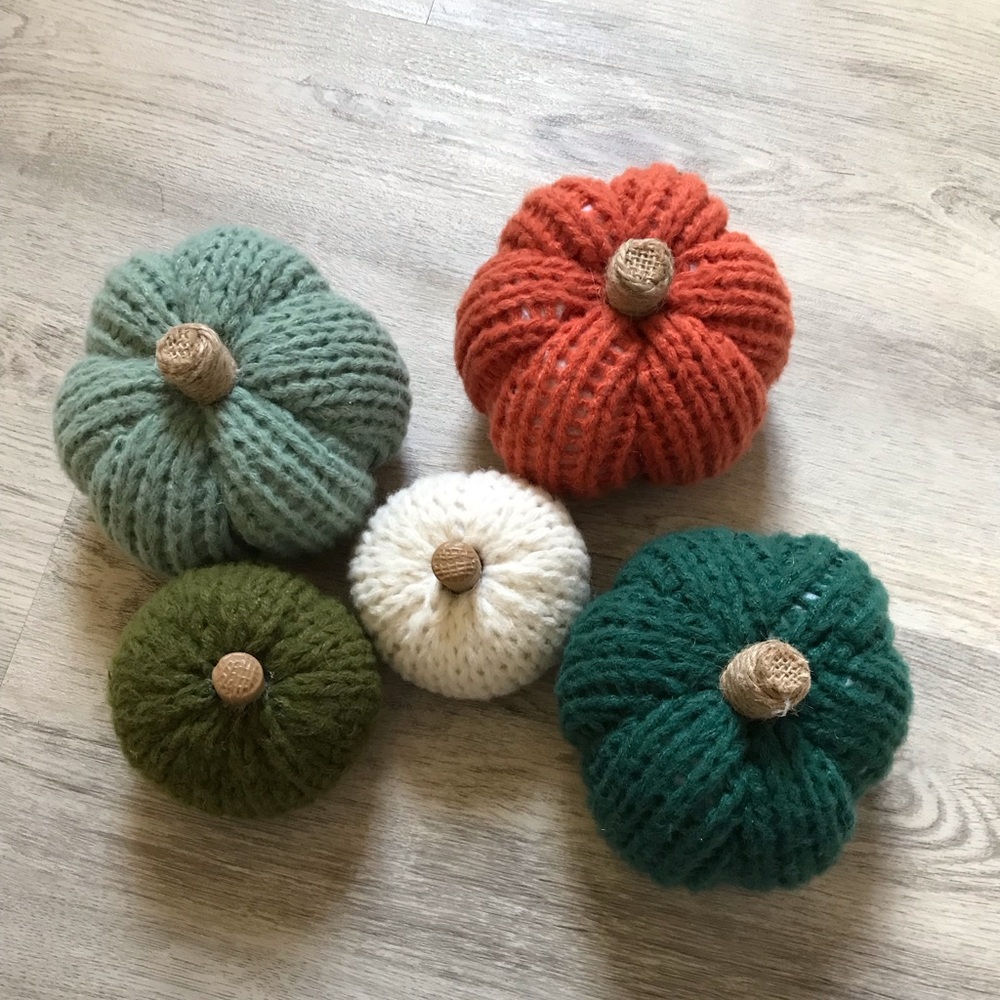Knit Pumpkin Decor Set of 5 Sweater Knit Yarn Pumpkins Green/Teal/Orange Fall